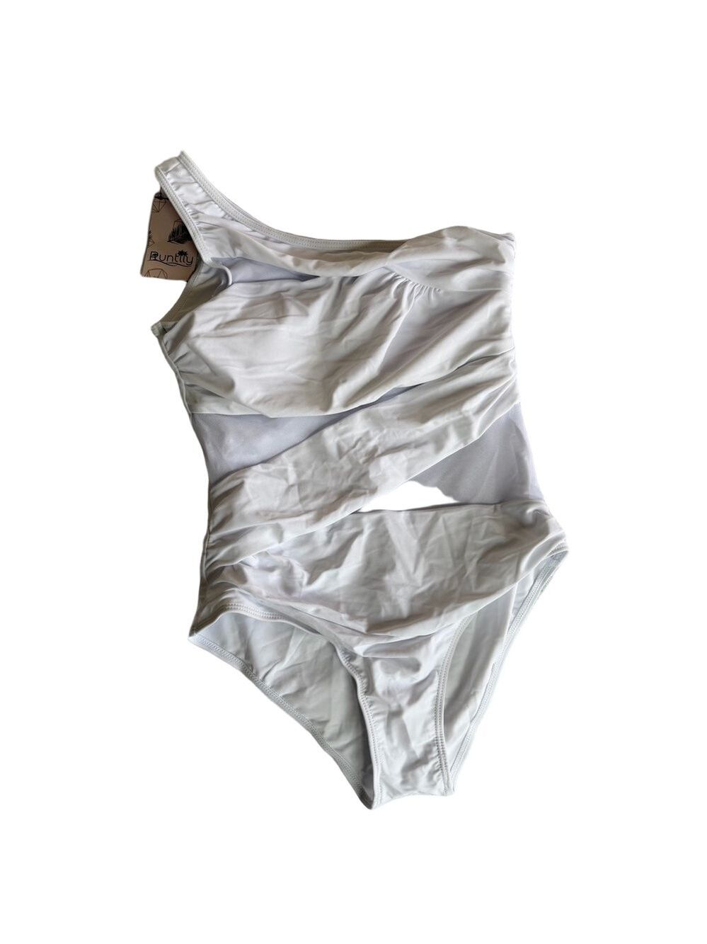 NEW Women's White Mesh Cutout One Shoulder One Piece Swimsuit Size M #26088